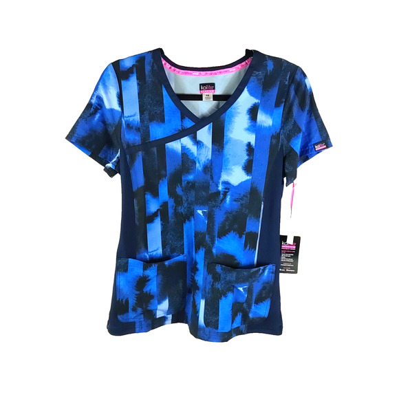 Koi Lite Stretch Women's Scrub Top Size XS Blue Stripe No Iron - Picture 6 of 8